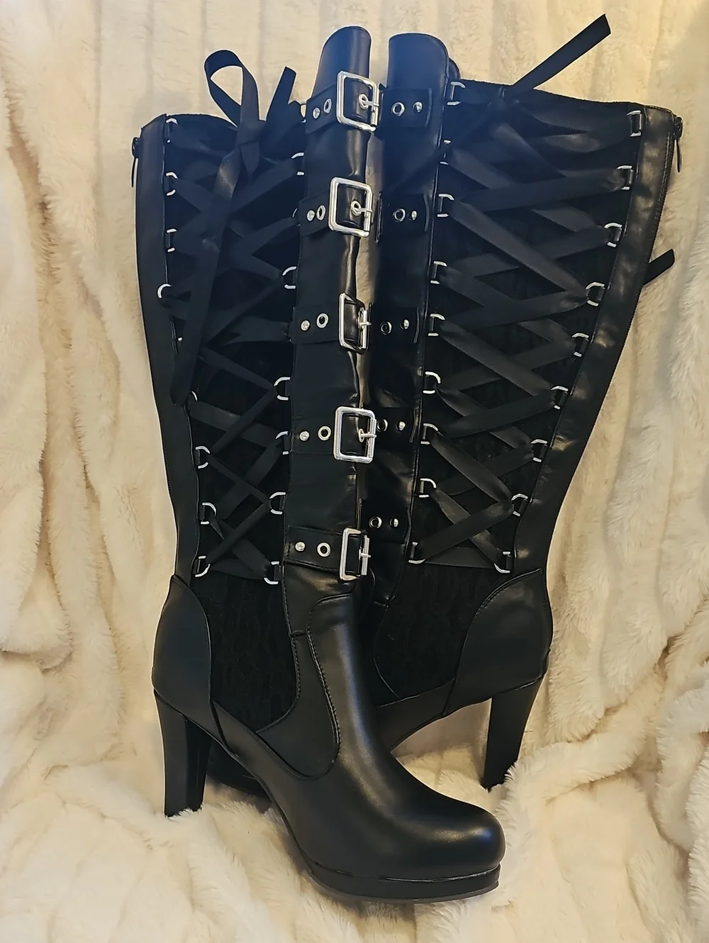 Black Knee High Lace-Up Heeled Boots with Buckle Straps